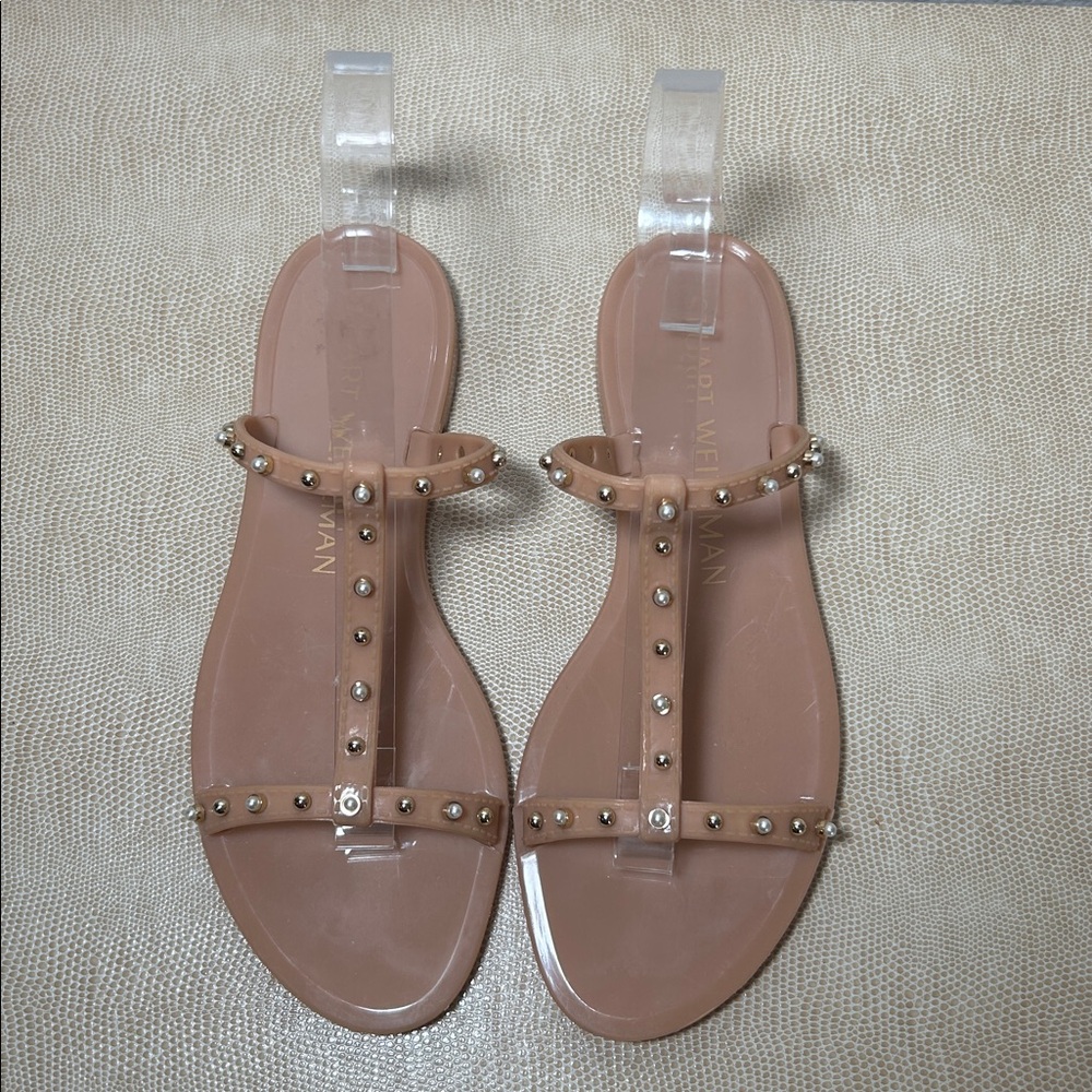 Stuart Weitzman MELLIE PEARLSTUD JELLY SLIDE SANDAL in Nude Studded Size 6 - Picture 5 of 14